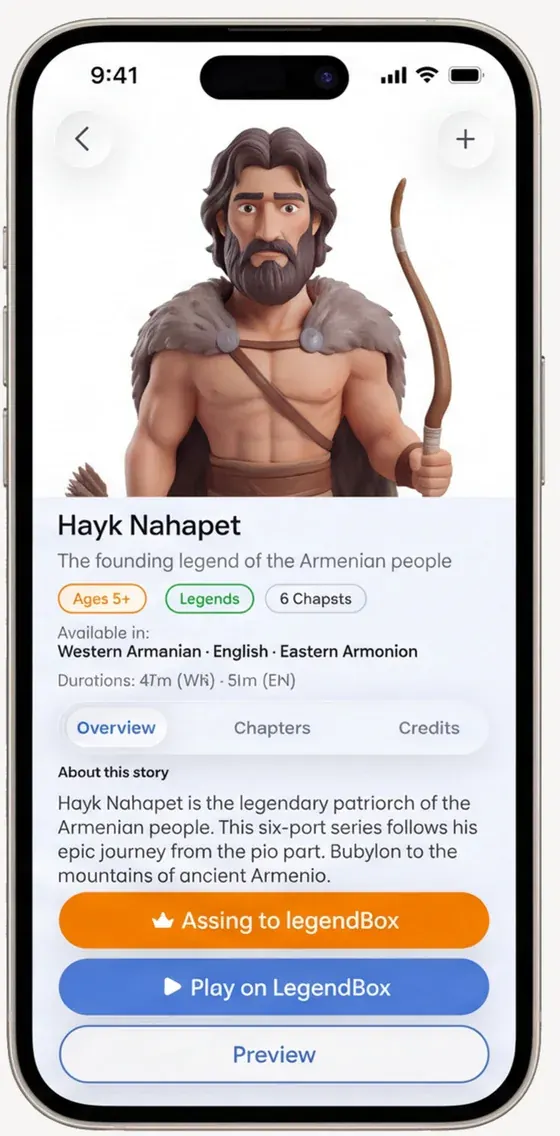 The LegendBox World app showing the Hayk Nahapet story page