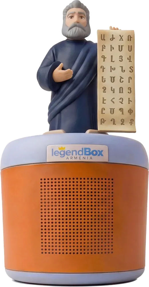 An orange LegendBox with a figure of St. Mesrop Mashtots standing on top, holding the Armenian alphabet