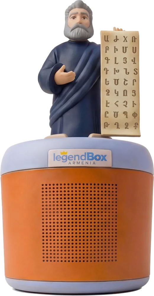 An orange LegendBox with a figure of St. Mesrop Mashtots standing on top, holding the Armenian alphabet