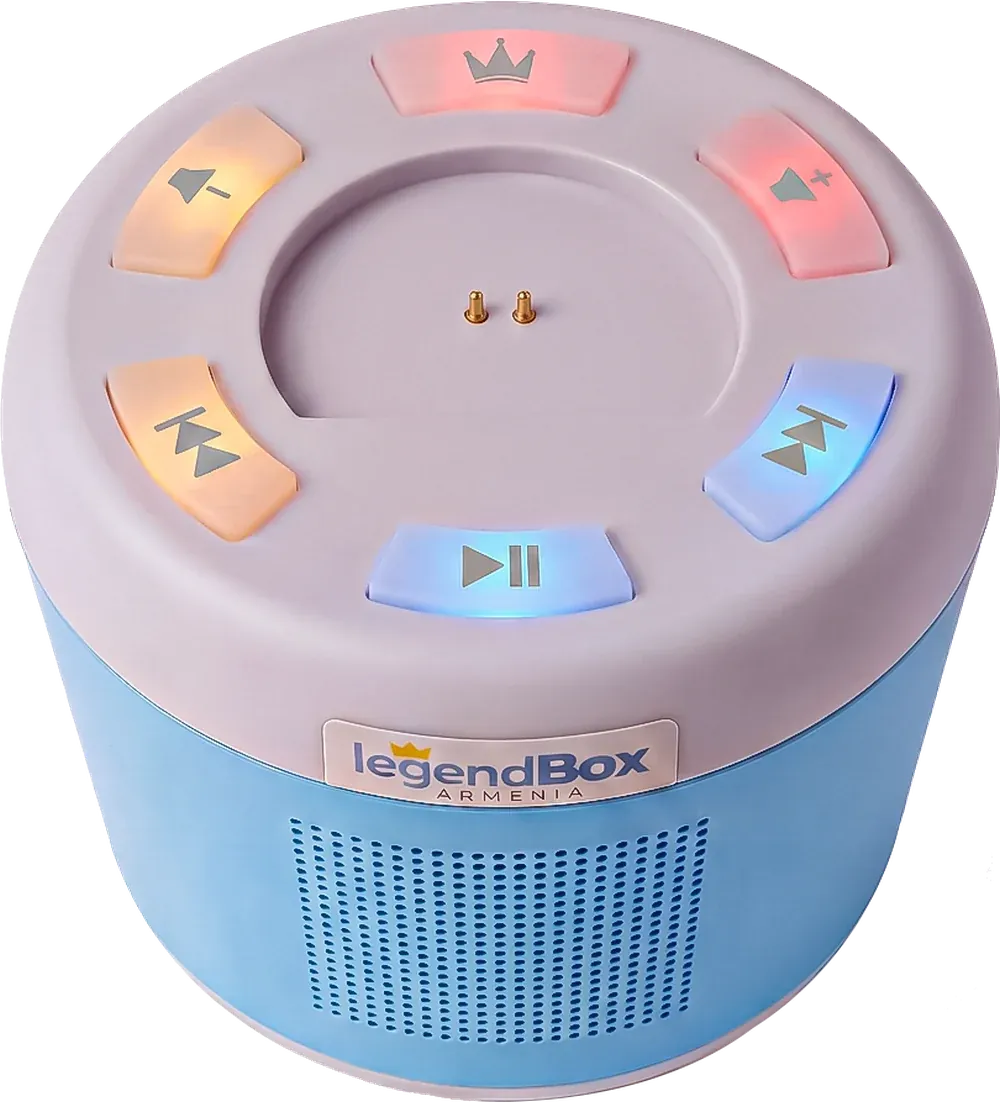 The LegendBox seen from above, its six buttons lit in different colours around the two-pin magnetic port, speaker grille below