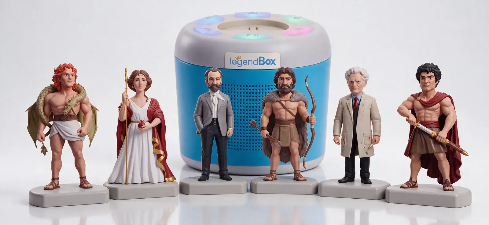 Six superLegend figures standing in a row in front of a blue LegendBox: Vahagn, Anahit, Tumanyan, Hayk, Saryan and Sasuntsi Davit